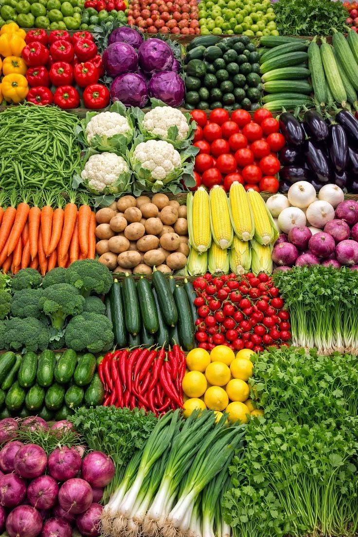 Assorted fresh vegetables including peppers, cabbage, corn and onions