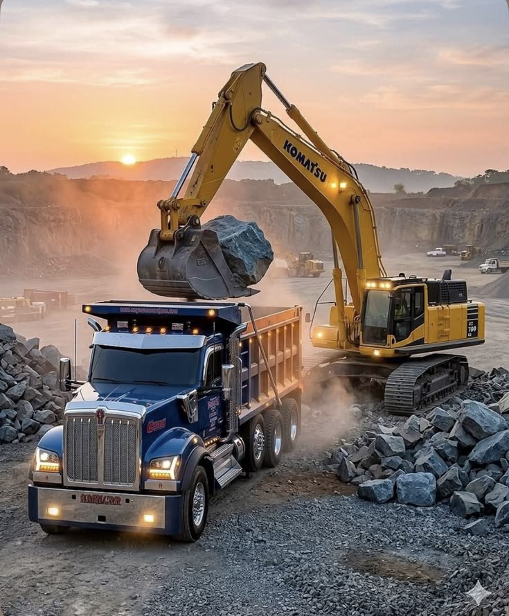 Excavator loading a dump truck