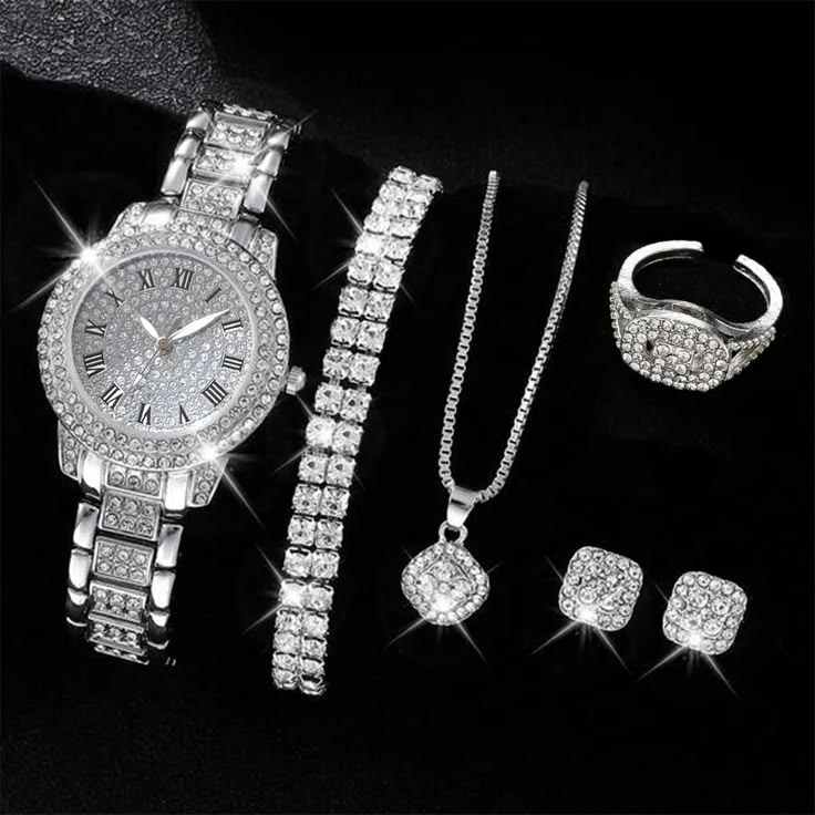 Silver diamond watch, bracelet, necklace, ring and earrings set