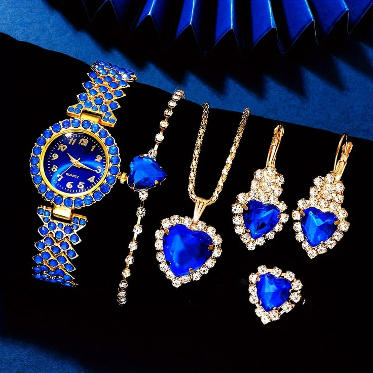 Blue heart-cut gemstone watch and jewelry set
